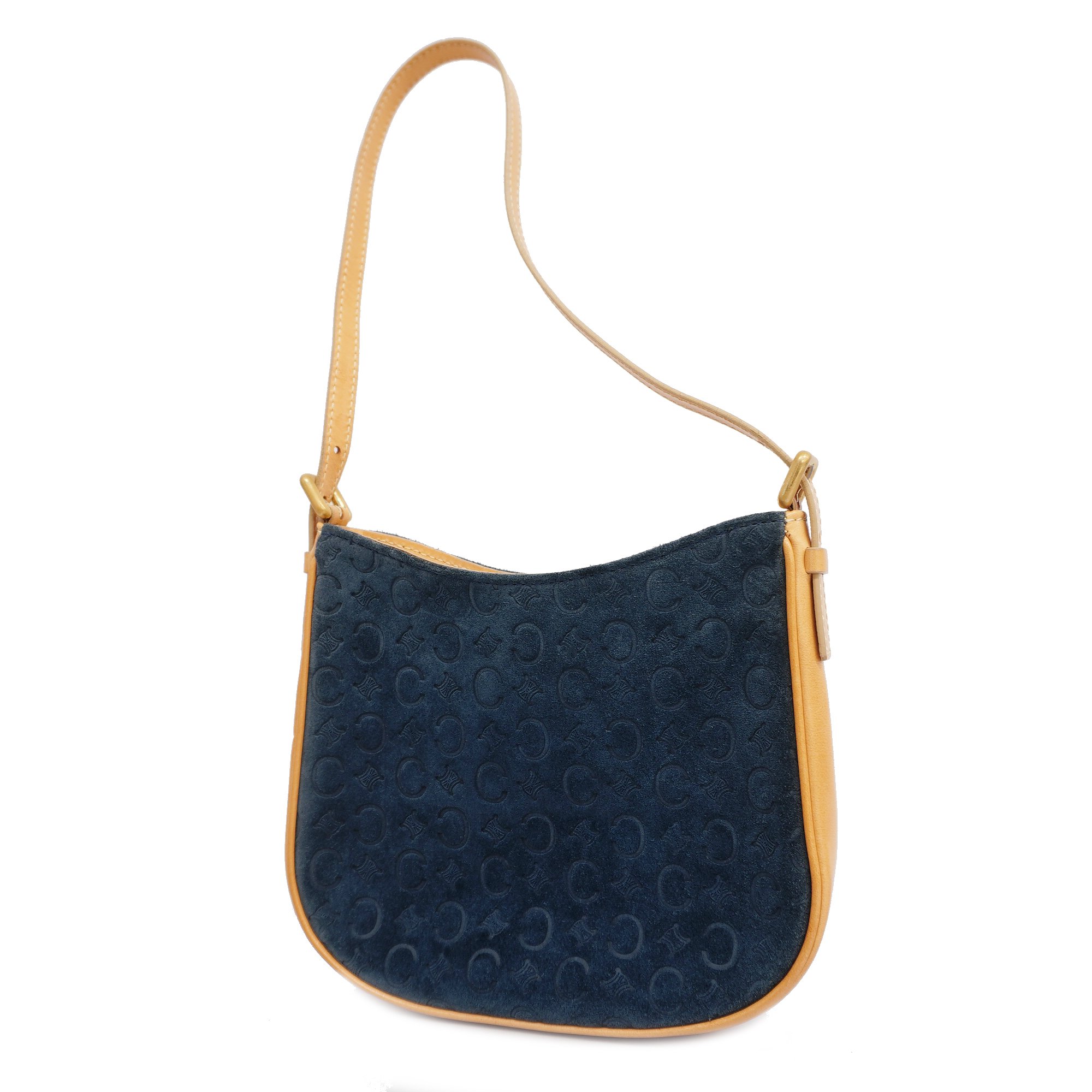 Celine[3zc3381] Auth Handbag C Macadam Suede/Leather Navy/Beige Gold Metal